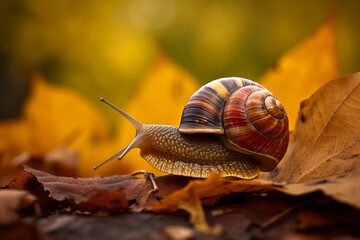 Illustration of a snail resting on leaves in a vibrant and detailed natural setting, created using generative AI
