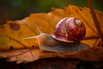 Illustration of a close-up view of a snail on a green leaf, created using generative AI