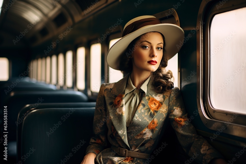 Wall mural elegant 1940s woman with hat and jacket on train