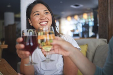 Japanese woman, restaurant and toast with wine, smile and congratulations with fine dining, party and thinking. Asian friends, happy and success with culture, alcohol or relax in diner, bar and drink