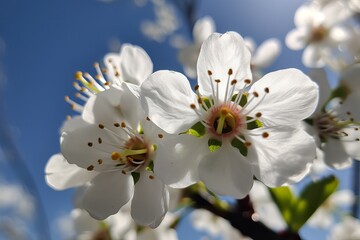 Illustration of close-up view of white flowers blooming on a tree branch created using generative AI