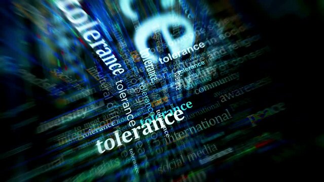 Tolerance equality respect acceptance and solidarity headline news titles across media. Abstract concept displays loop. Flight between screens with glitch effect seamless and looped 3d.