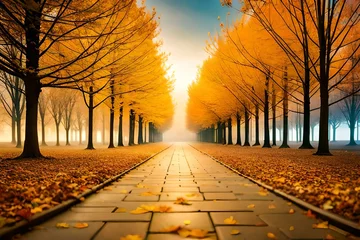 Fototapeten Dreamy evening landscape in autumn park with golden leaves falling from the trees and glowing lamp lights along the alley © Pretty Panda