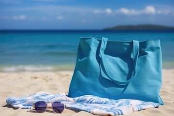 Blue towel bag and accessories on sandy beach