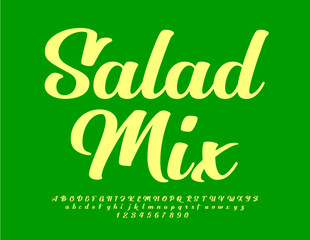 Vector product sign template Salad Mix. Cursive Green Font. Stylish Alphabet Letters and Numbers set