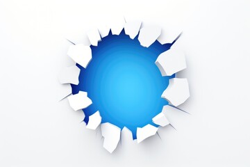 Breakthrough paper hole with blue background isolated