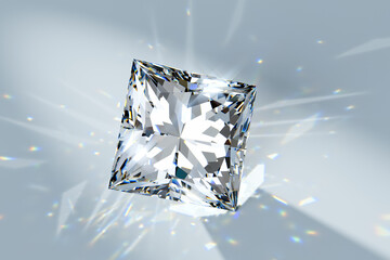 Princess cut diamond in a spotlight on white background. - obrazy, fototapety, plakaty