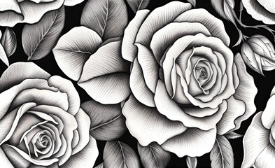Rose flowers pattern in pencil or black ink shading effect. 