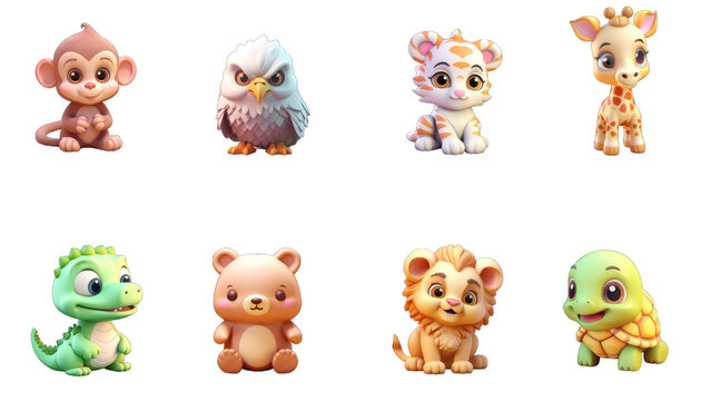 Funny little animals. Unicorn, monkey, eagle, tiger, lion, croco, bear, tiger, turtle, giraffe. 3d vector icon set, Generative AI
