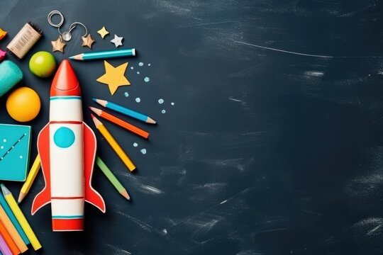 Bright toy rocket and school supplies on chalkboard