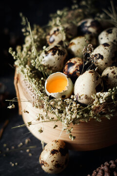 quail eggs in wooden bowl. on dark and texture background. one egg are broken