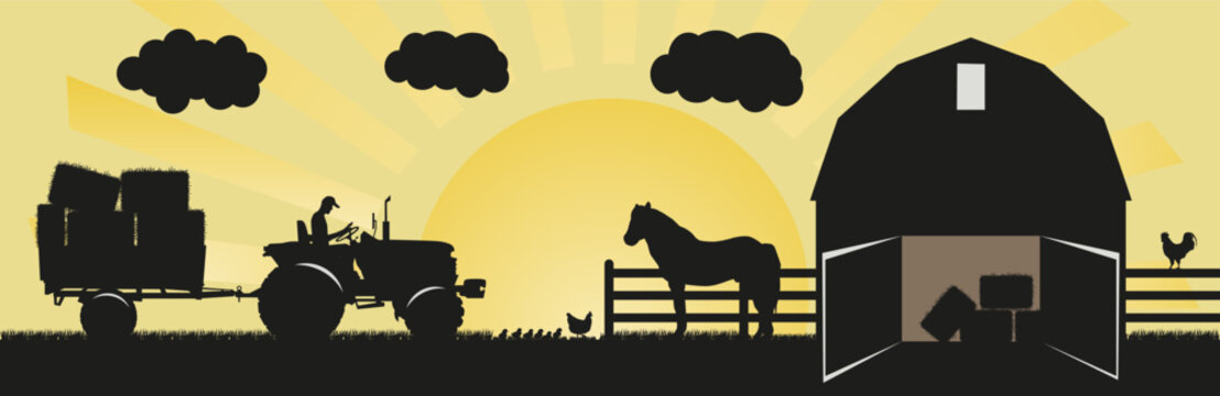 Agricultural landscape with tractor, barn and farm. Farm silhouettes against the background of the sun.