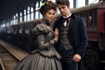 stylish woman and man, victorian era dresses - obrazy, fototapety, plakaty