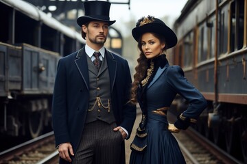 Naklejka premium stylish woman and man, victorian era dresses