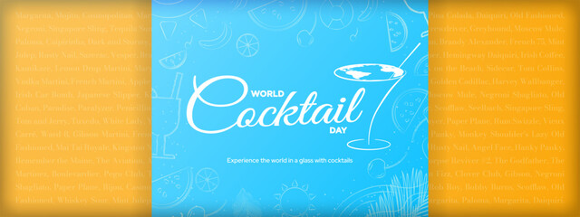 World Cocktail Day Typography Design in gold with cocktail glass design. Experience the world in a glass with cocktails. 200 Names of Cocktails on orange background. Vector Illustration. EPS 10.
