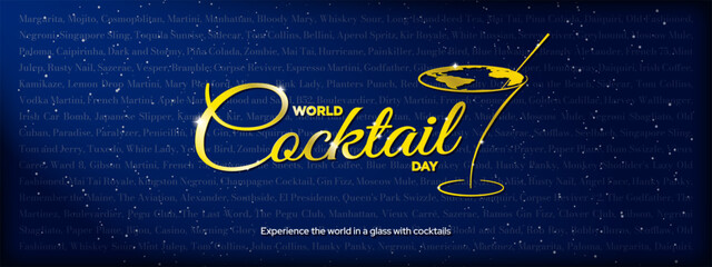 Elegant World Cocktail Day Typography Design in gold with cocktail glass design. Experience the world in a glass with cocktails. 200 Names of Cocktails on dark blue gradient wall background. Vector.