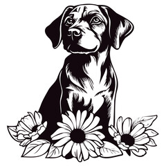 dog with flower and plants decorations.