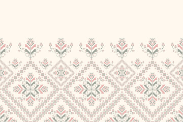 Colorful embroidery floral pattern. Vector geometric floral square shape seamless pattern pixel art style. Geometric floral stitch pattern use for textile, wallpaper, cushion, carpet, upholstery, etc. - obrazy, fototapety, plakaty
