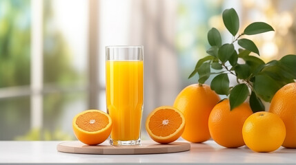 Naklejka premium Generative AI, a glass of orange freshly squeezed juice stands on the table against the backdrop of modern white Scandinavian cuisine, sunlight, fruits, vitamin C