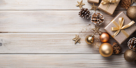 Christmas decoration on wooden background. Christmas themed copy space, banner - Powered by Adobe