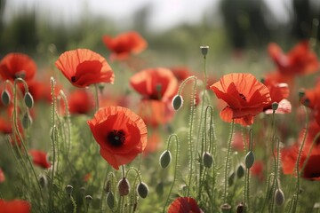 Fototapeta premium a vibrant field filled with bright red flowers and lush green stems