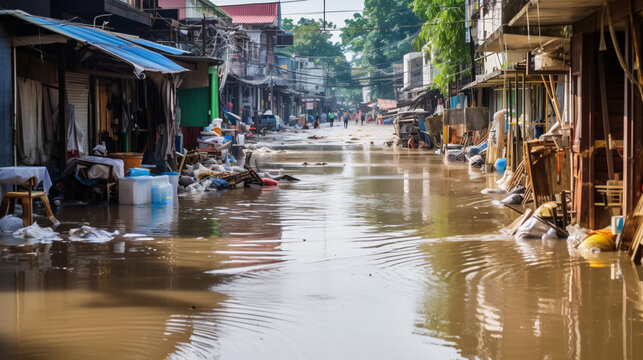 Flooded streets on tropical island after hurricane. Extreme weather caused by climate change.
