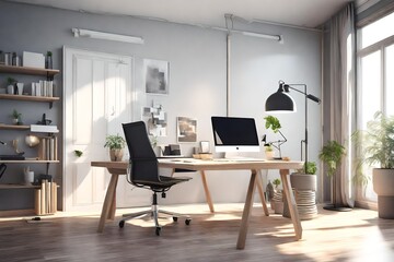 sleek and minimalist home office setup with a sleek desk, ergonomic chair, minimalist decor, and ample natural light, offering a functional and aesthetic workspace 3d rendering