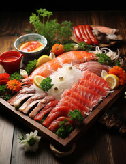 Seafood, Sashimi sashimi platter on wooden table. Sashimi sashimi platter - obrazy, fototapety, plakaty