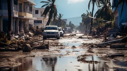 Gordijnen Flooded streets on tropical island after hurricane. Extreme weather caused by climate change. © TimeaPeter