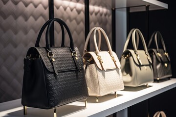 a row of colorful purses displayed on a white shelf