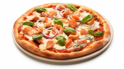 Pizza sur fond blanc, sauce tomate, basilic, jambon fromage, champignon, illustration produit culinaire, ia g&eacute;n&eacute;rative