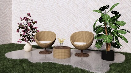 outdoor garden sofa from bamboo with big pillows and plant
