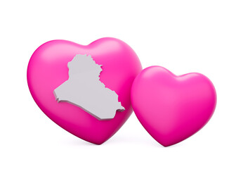 3d Shiny Pink Hearts With 3d White Map Of Iraq Isolated On White Background, 3d illustration