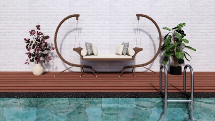 circle natural wooden swing on wooden floor swimming pool deck