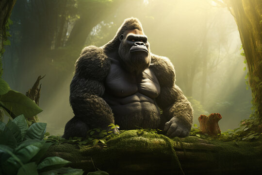 king kong beast in the jungle trendy ,  3d rendering , AI generative 