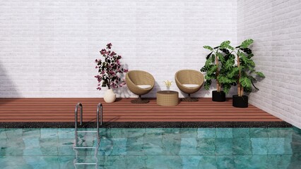bamboo armchair and table on wooden floor swimming pool deck with small plant