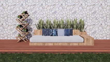 long bench sofa on wooden floor swimming pool deck with small plant and river stone wall texture