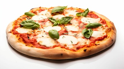 Pizza sur fond blanc, sauce tomate, basilic, jambon fromage, champignon, illustration produit culinaire, ia générative