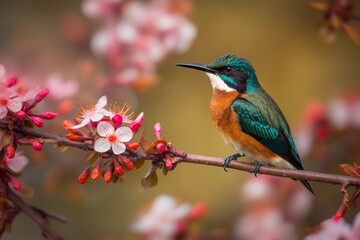 a vibrant bird sitting on a blossoming tree branch