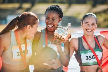Athletics winner, trophy and sports women celebrate prize victory, competition award or winning...