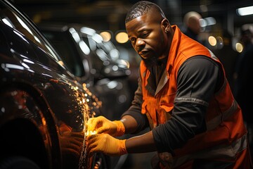 Tinsmith for car Car of African-American origin fixing a damaged car