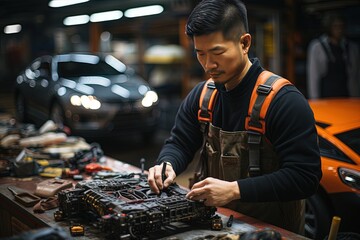 Japanese car mechanic enjoying his job as he fixes cars