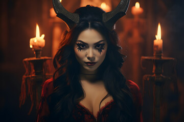 Asian woman with devils horns and demonic eyes  - obrazy, fototapety, plakaty