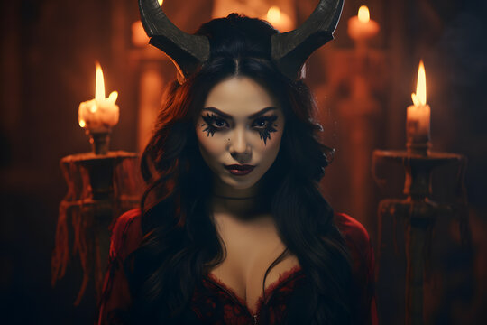 Asian woman with devils horns and demonic eyes 