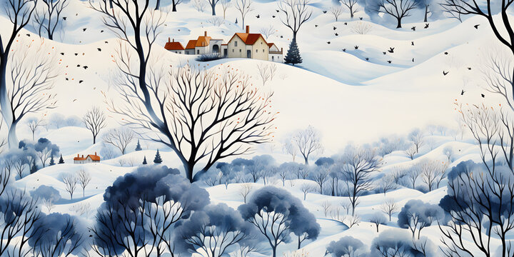 Cozy winter park watercolor illustration 