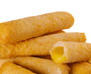 Pile of tasty cheese sticks isolated on white