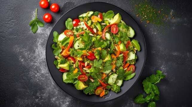 Green vegan salad from green leaves mix and vegetables. Top view on gray stone table. generative ai