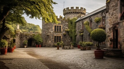 Strangford, Northern Ireland. The tower house and courtyard at Castle Ward, a famous filming location for fantasy TV shows generative ai