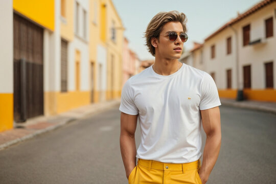 AI-designed mockup: young man in Bella Canvas white shirt on yellow backdrop. T-shirt template for print presentation. Unique creation.