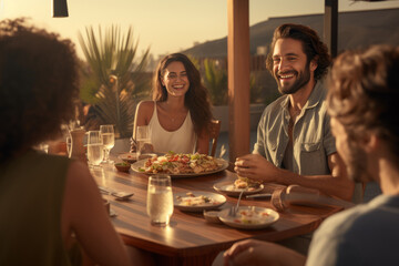 Smiling friends dining on rooftop restaurant in Dubai while on vacation. Generative AI